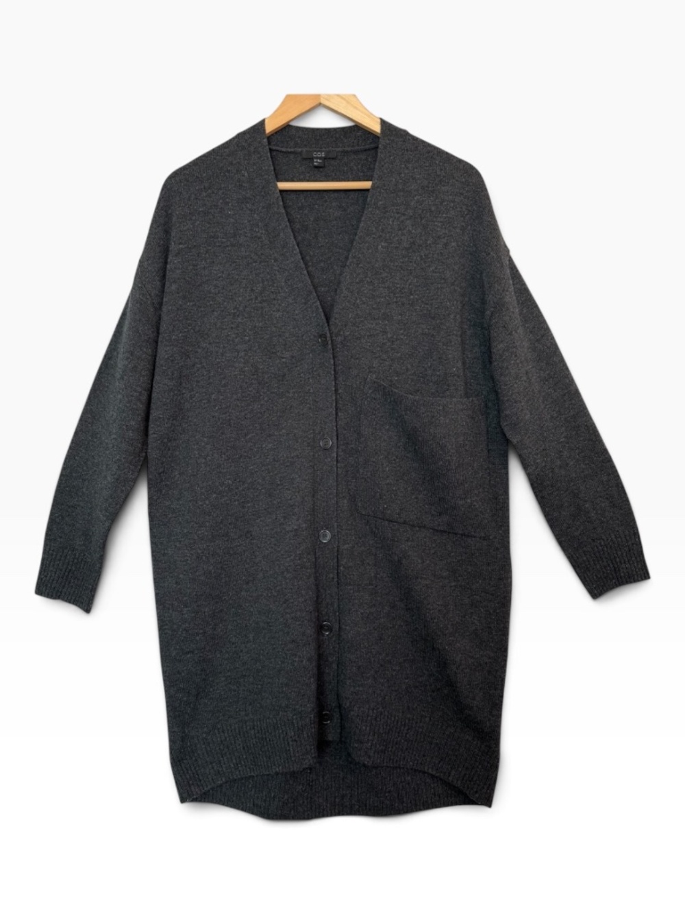 COS Oversized Wool Cardigan Charcoal Longline V Neck Pocket Knit Sweater Size XS